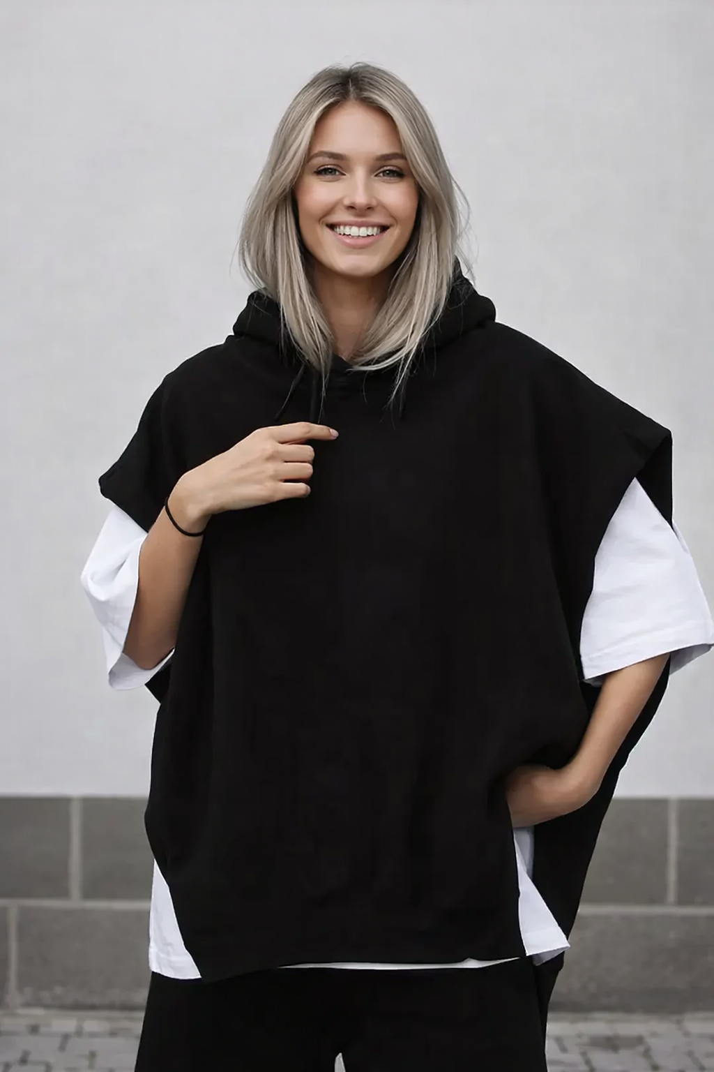 Unisex Hoodie grau Oversize mit Layering-Look, Seitenschlitze, leicht