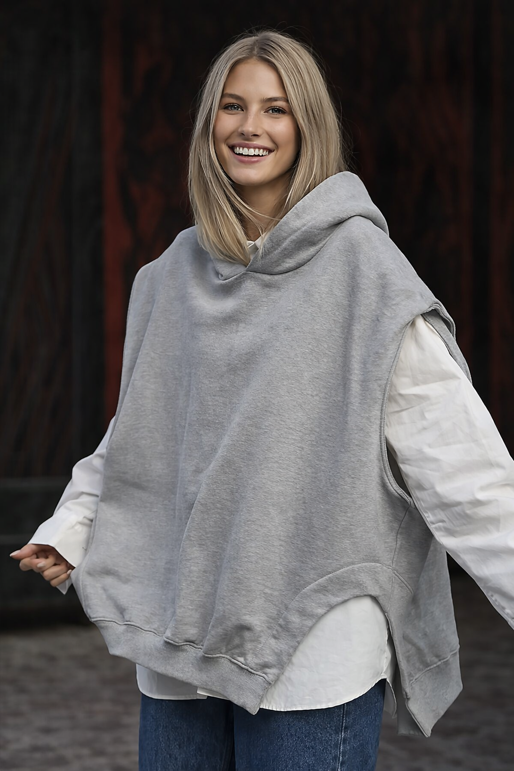 Unisex Hoodie grau Oversize mit Layering-Look, Seitenschlitze, leicht