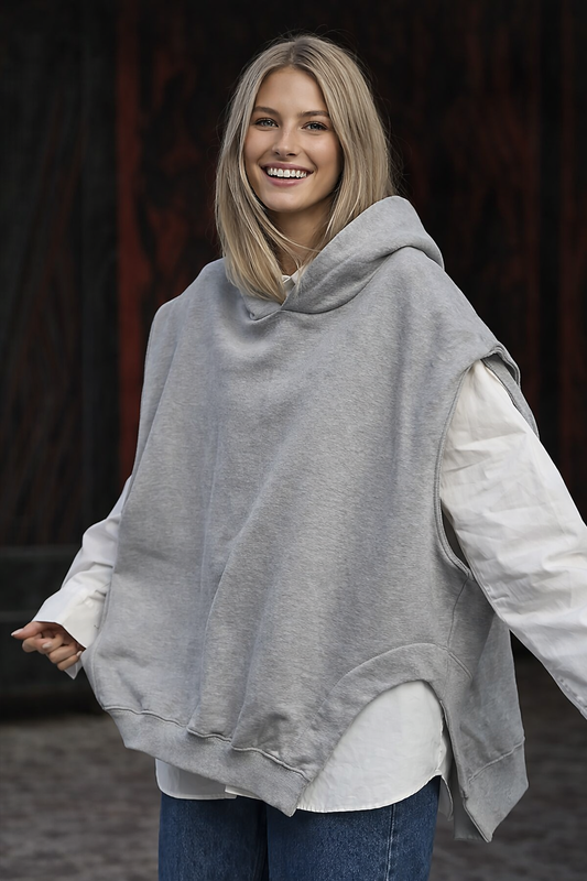 Unisex Hoodie grau Oversize mit Layering-Look, Seitenschlitze, leicht