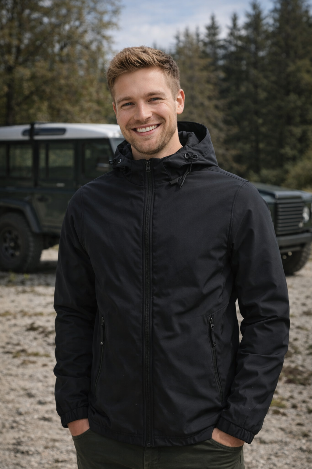 Wasserdichte Outdoorjacke mit Kapuze und Reißverschluss, atmungsaktiv, funktional  Beschreibung: