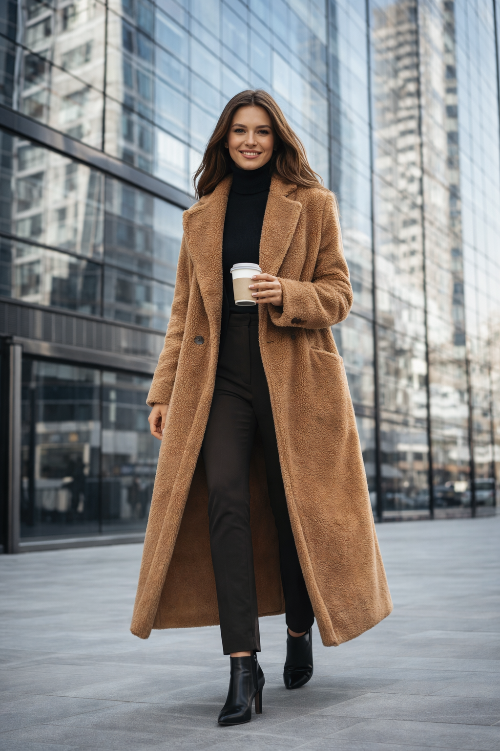 Damen Teddy Fleecejacke langer übergroßer Reverskragen, weicher, warmer, lockerer Schnitt