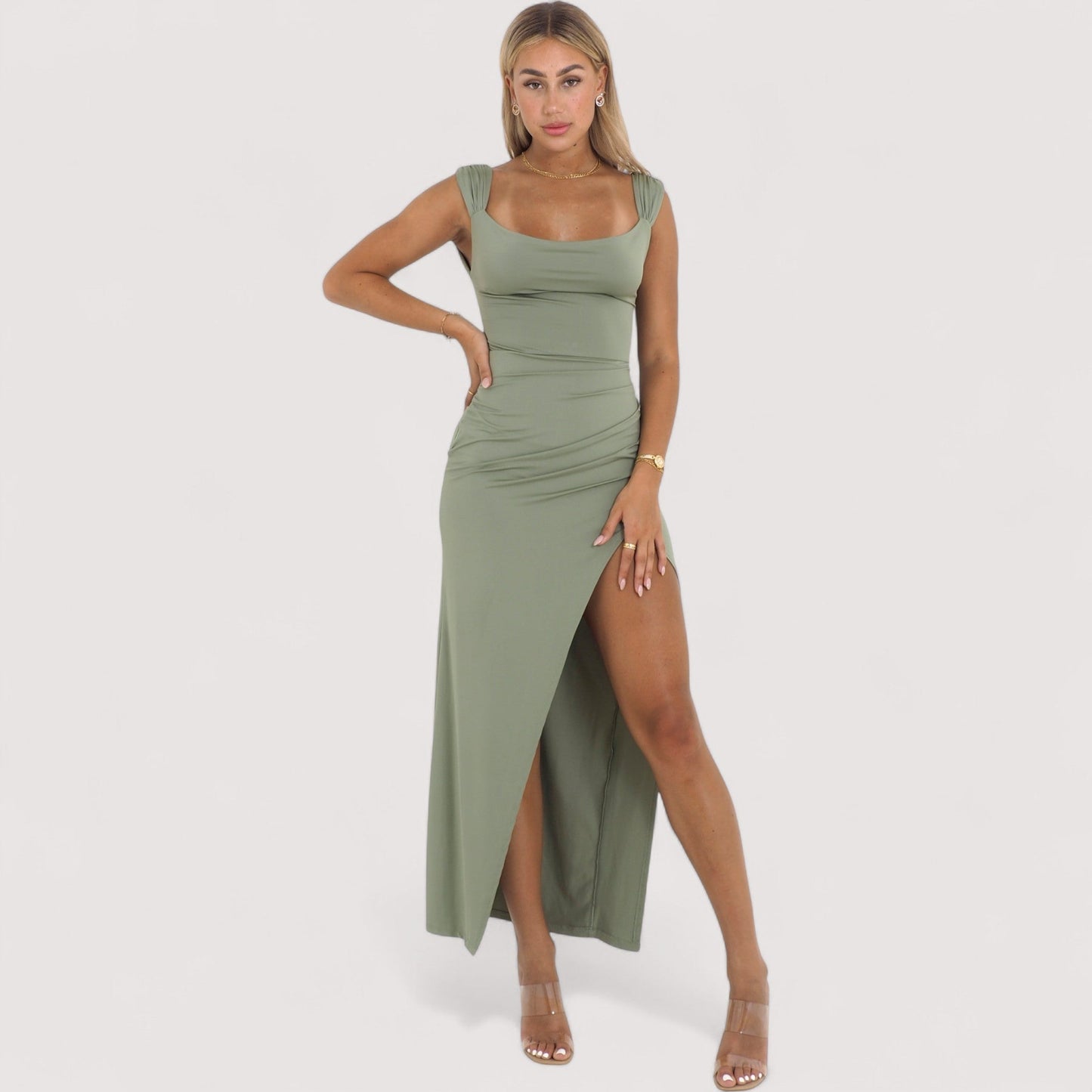 Damen Maxikleid Schlitz tailliert Schulterträger gerafft elegant sommerlich