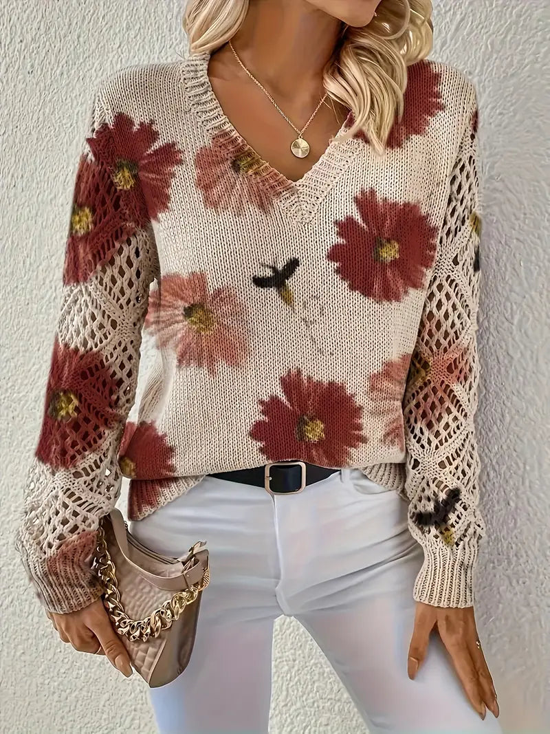 Damen Strickjacke Blumenmuster V-Ausschnitt Regular Fit Leicht Mittelschwer Häkeloptik Freizeit