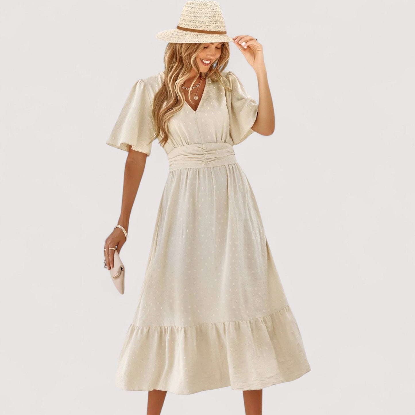 Damen Maxikleid V-Ausschnitt mittlere Taille fließend leicht elegant