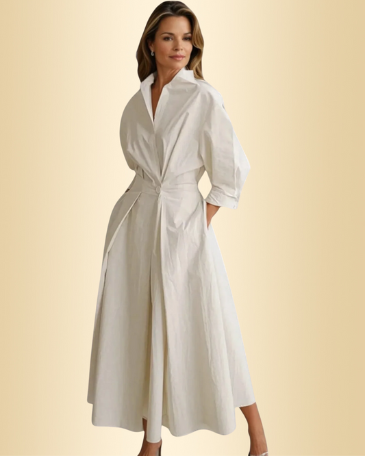 Damen Maxikleid Reverskragen elastischer Bund weit schwingend elegant