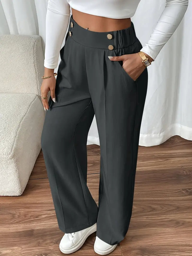 Damen Hose Regular Fit Weites Bein Elastischer Bund Seitentaschen Casual Elegant Alltag Büro