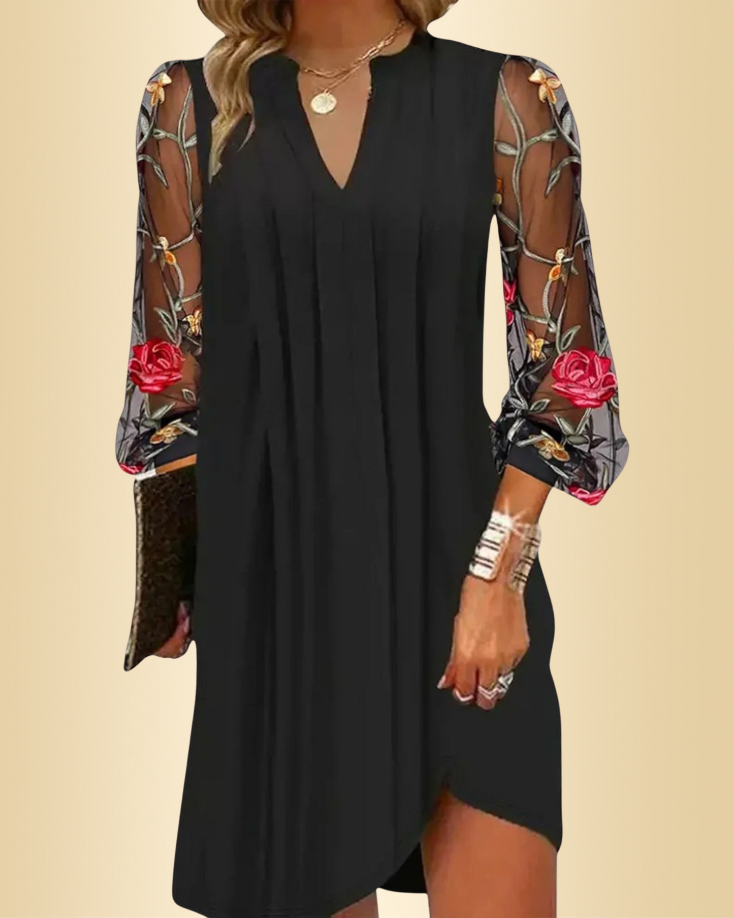 Damen Minikleid Blumenmuster V-Ausschnitt transparente Ärmel figurbetont elegant