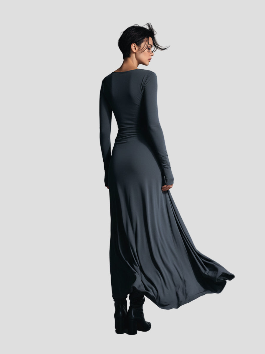 Damen Wickelstresskleid grau elastisches Langarm Figur seitliche Knoten Winterkleid