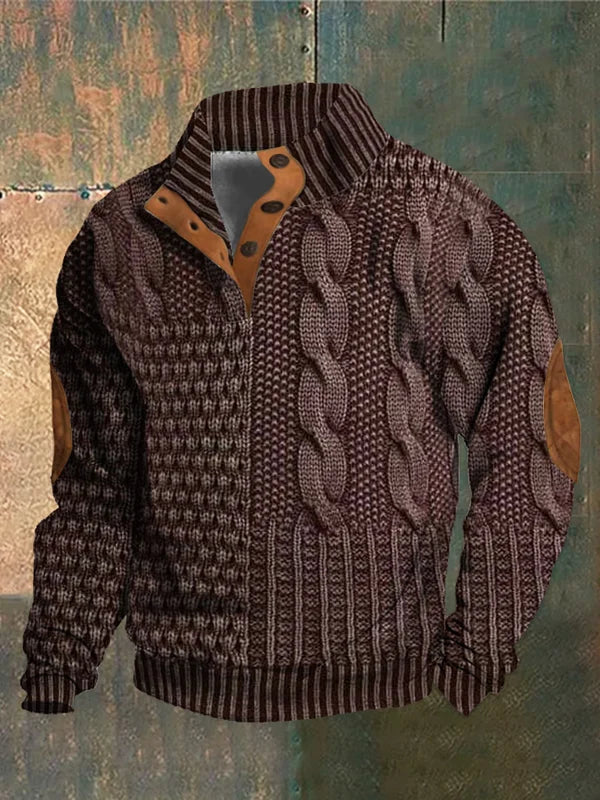 Herren Pullover Patchwork Zopfmuster, Knopfkragen, lange Ärmel, bequeme Passform