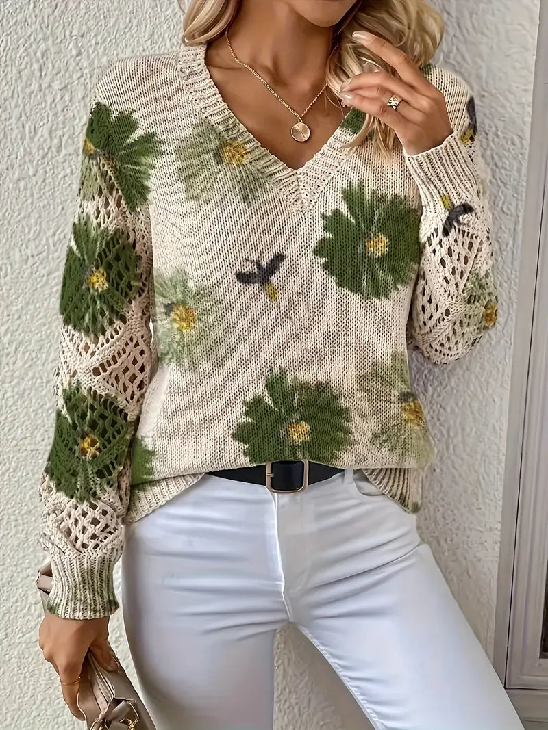Damen Strickjacke Blumenmuster V-Ausschnitt Regular Fit Leicht Mittelschwer Häkeloptik Freizeit