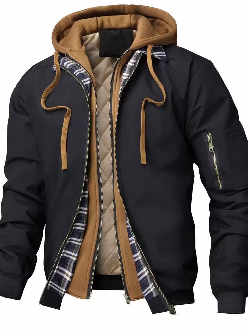 Herren Kapuzenjacke Regular Fit Luftwaffe Stil Reißverschluss Warm Übergang Outdoor Alltag Funktional