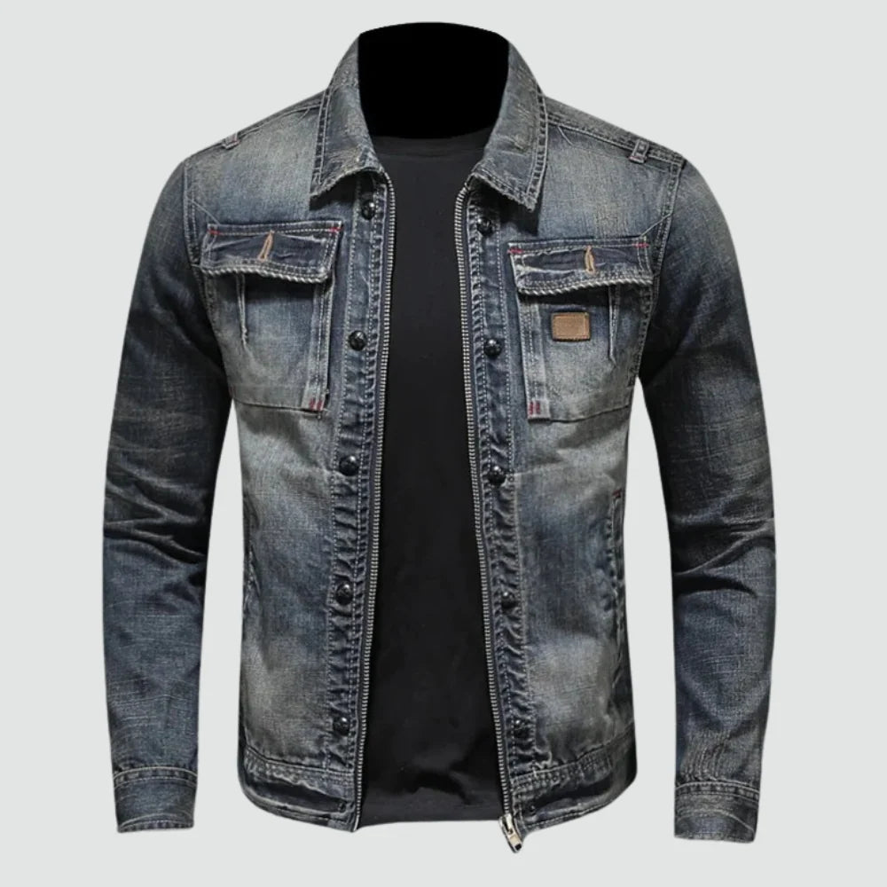 Herren Jeansjacke Blau Verwaschener Look Umlegekragen Doppelverschluss Mehrere Taschen Reguläre Passform
