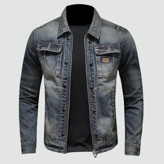 Herren Jeansjacke Blau Verwaschener Look Umlegekragen Doppelverschluss Mehrere Taschen Reguläre Passform
