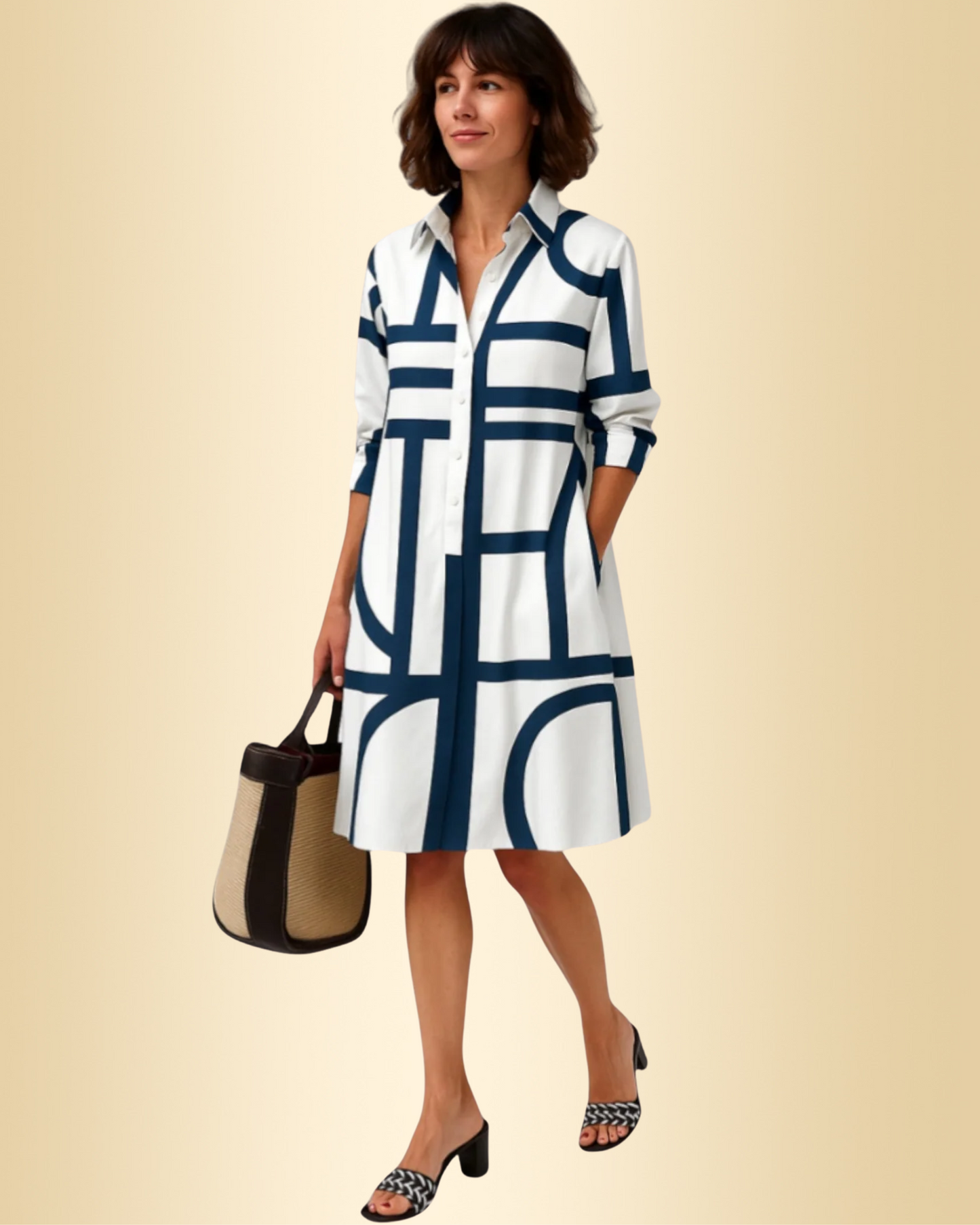 Damen Midikleid Hemdkragen Knopfleiste 3/4 Ärmel tailliert Stufenrock elegant