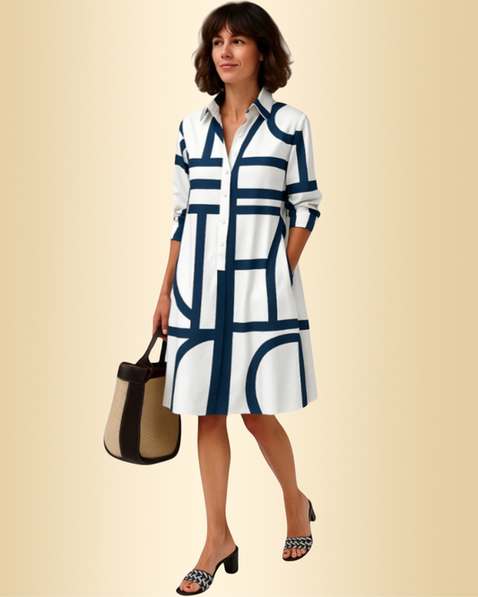 Damen Midikleid Hemdkragen Knopfleiste 3/4 Ärmel tailliert Stufenrock elegant