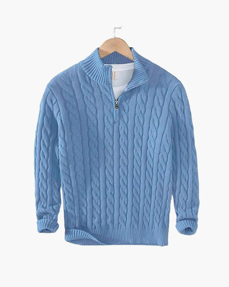 Herren Zopfstrickpullover Stehkragen Reißverschluss Langarm Slim Fit