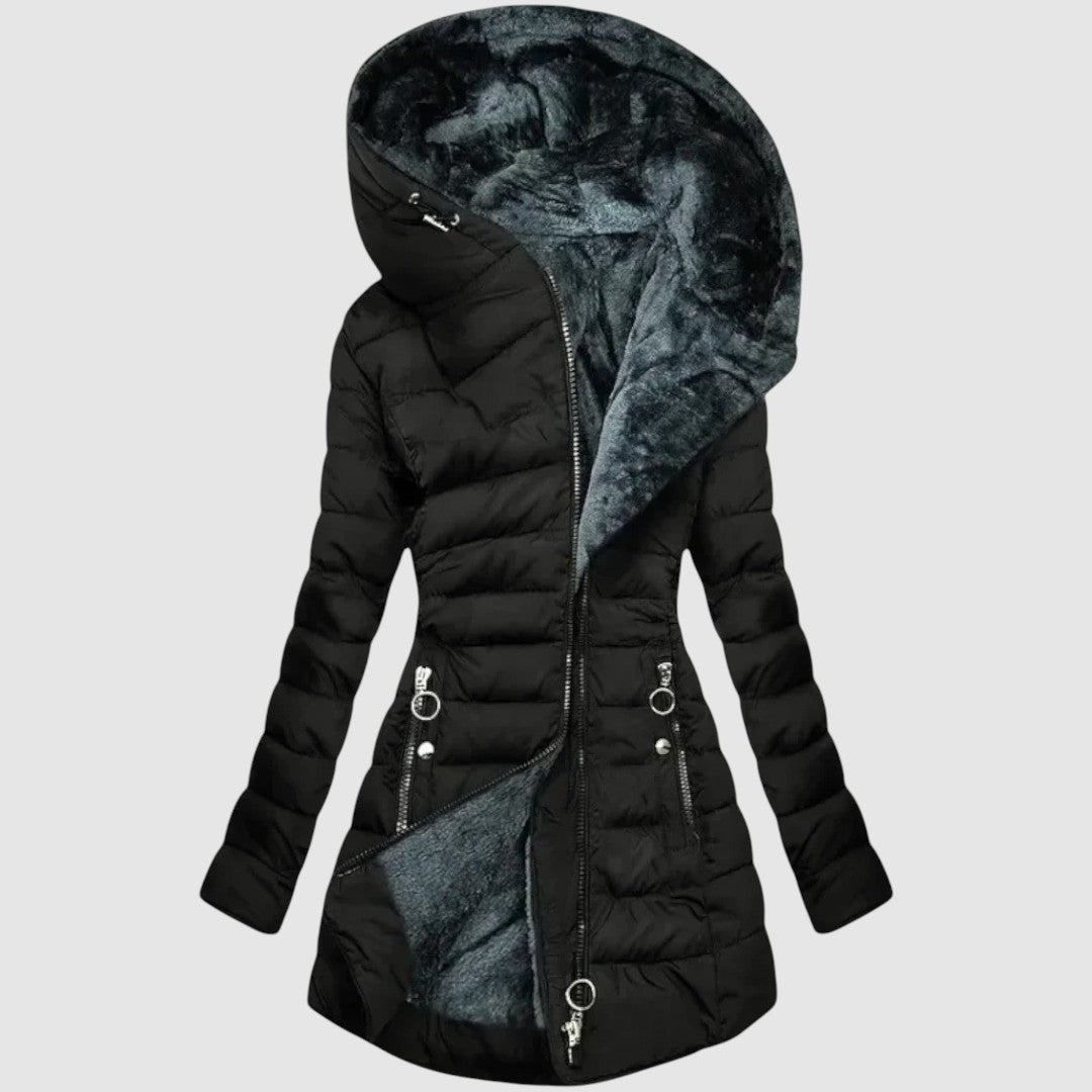 Damen Jacke Kunstfell Langarm Kapuze Steppdesign Regular Fit Winter Freizeit Elegant