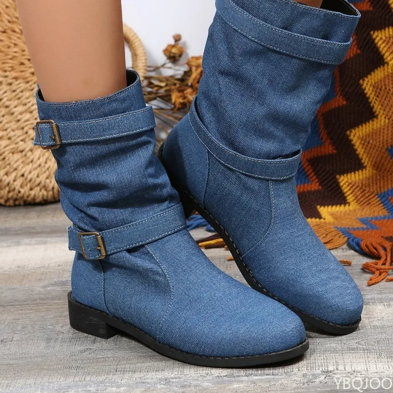 Damen Denim Schnalle Blockabsatz Mandel Stiefeletten geformt bequem