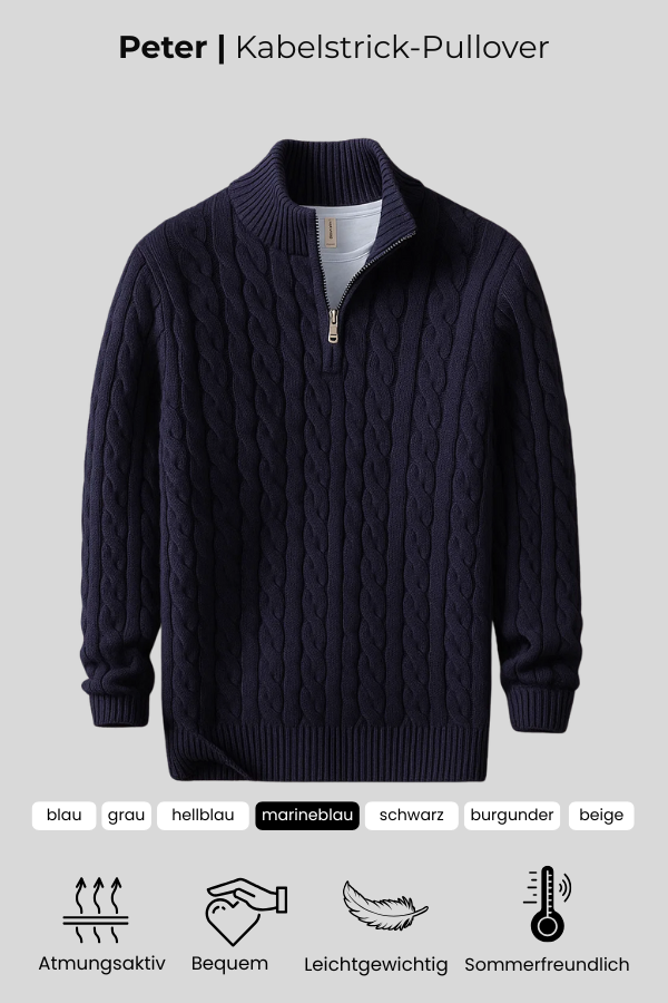 Herren Zopfstrickpullover Stehkragen Reißverschluss Langarm Slim Fit