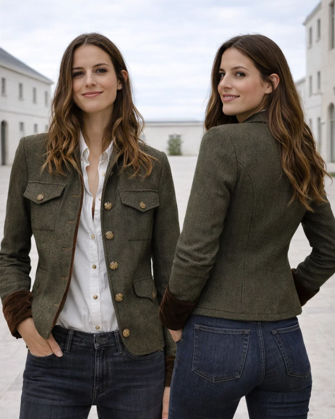 Damen Blazer Tailliert Fischgrät Muster Elegant Knopfleiste Kontrast Manschetten