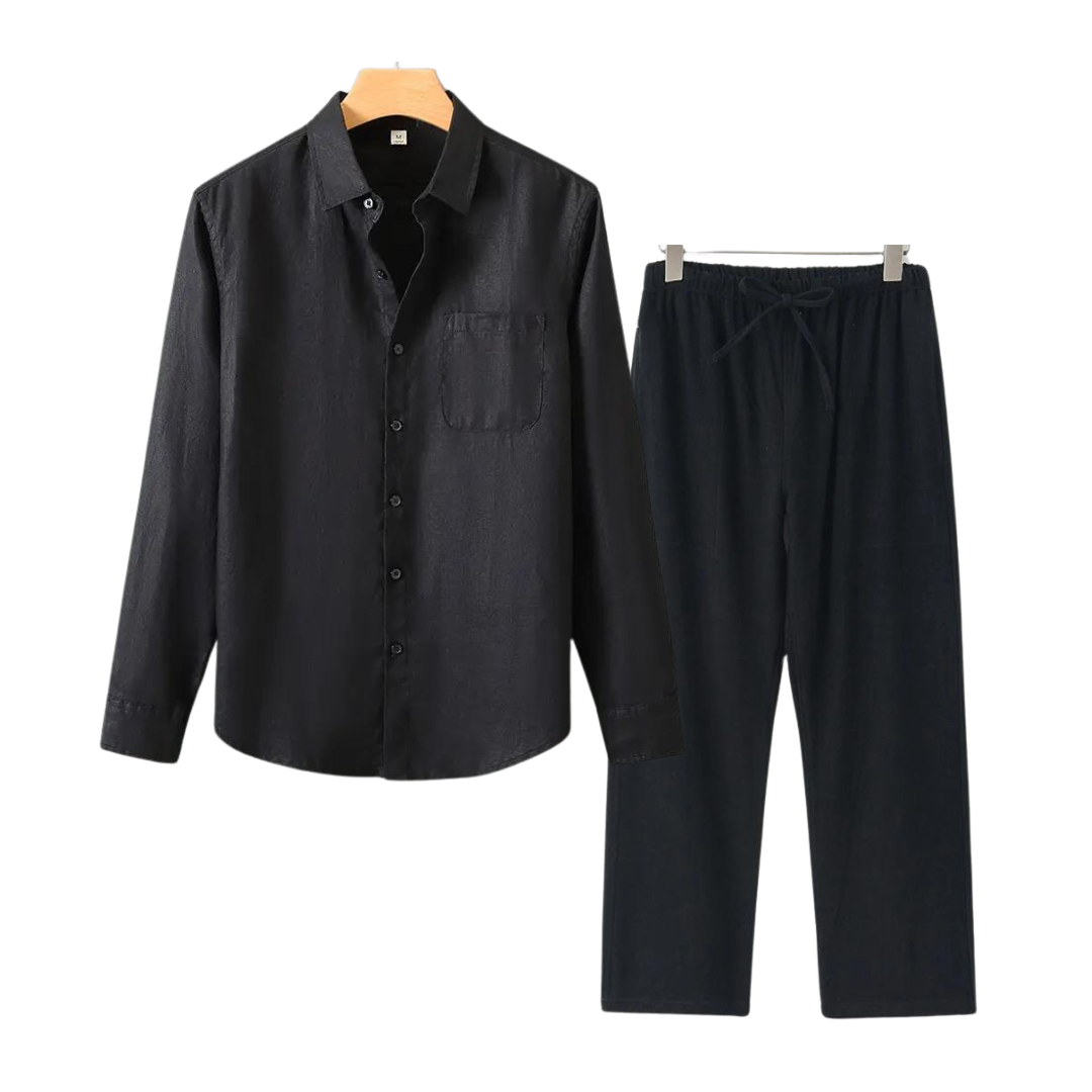 Herren Leinenhemd und Leinenhose Set Sommer Zweiteiler Freizeitanzug aus Leinen