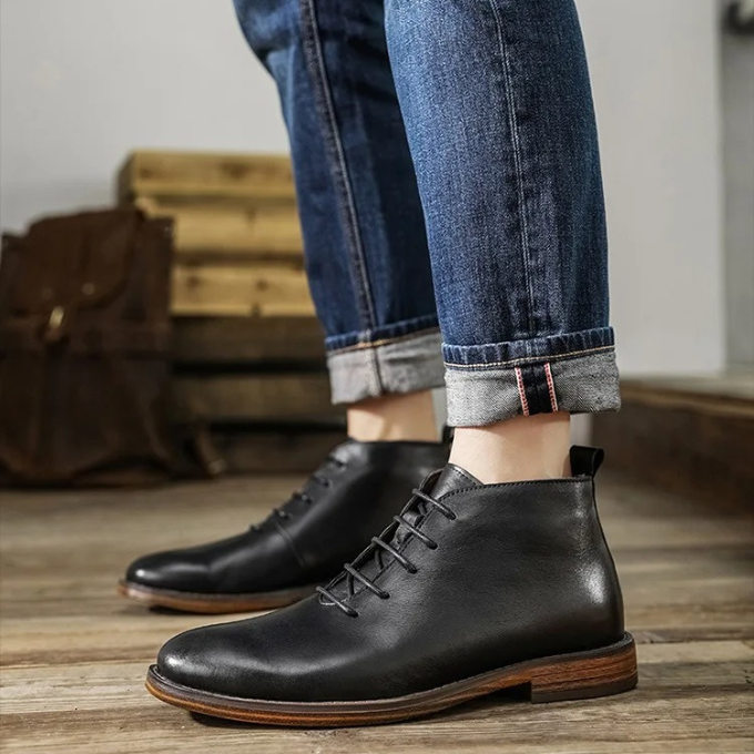 Herren Stiefel Leder elegant rutschfest Zuglasche bequem klassisch Alltag Business Casual
