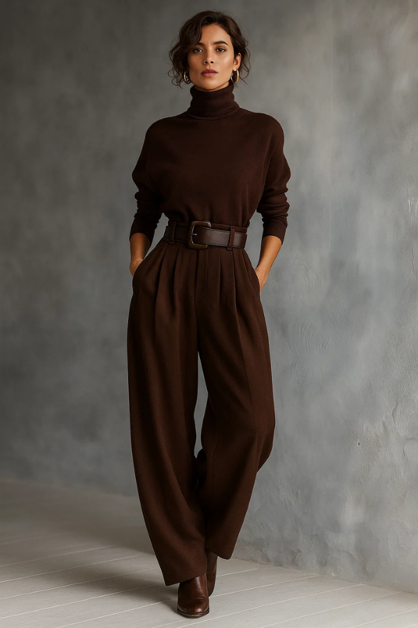 Damen Jumpsuit mit Gürtel, hohe Halsform, weites Bein, lockere Passform, elegant