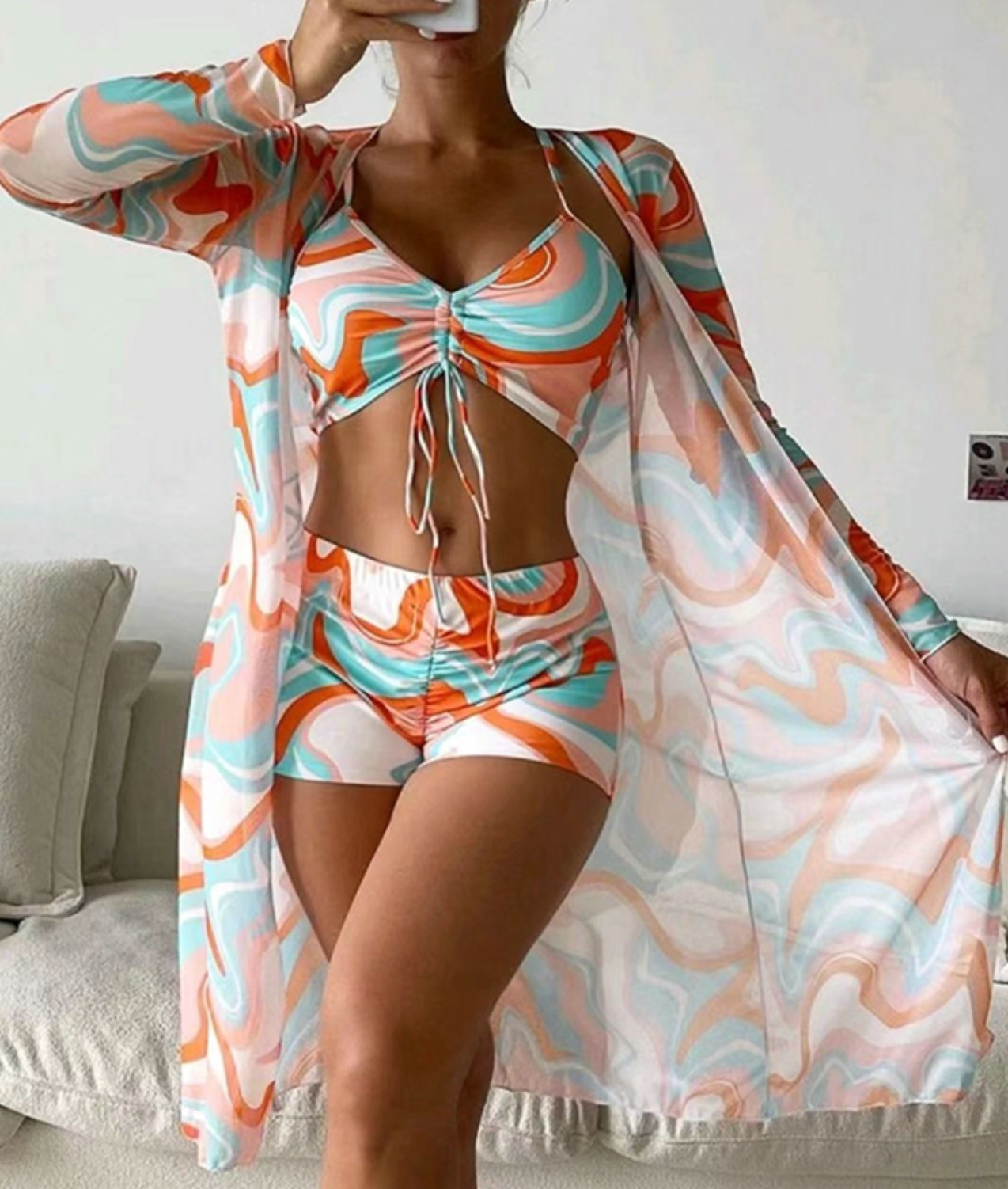 Damen Bikini Set dreiteilig farbenfroh verstellbar Bademode Strand Pool Urlaub
