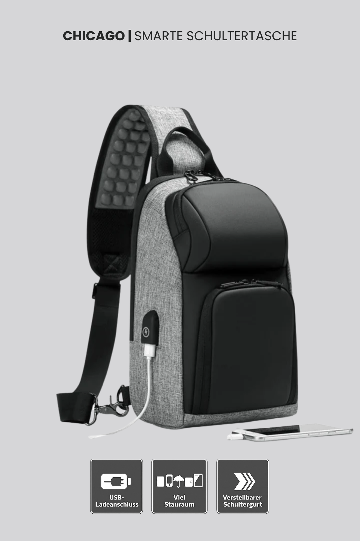Unisex Schultertasche groß funktional wasserfest USB Anschluss verstellbarer Gurt