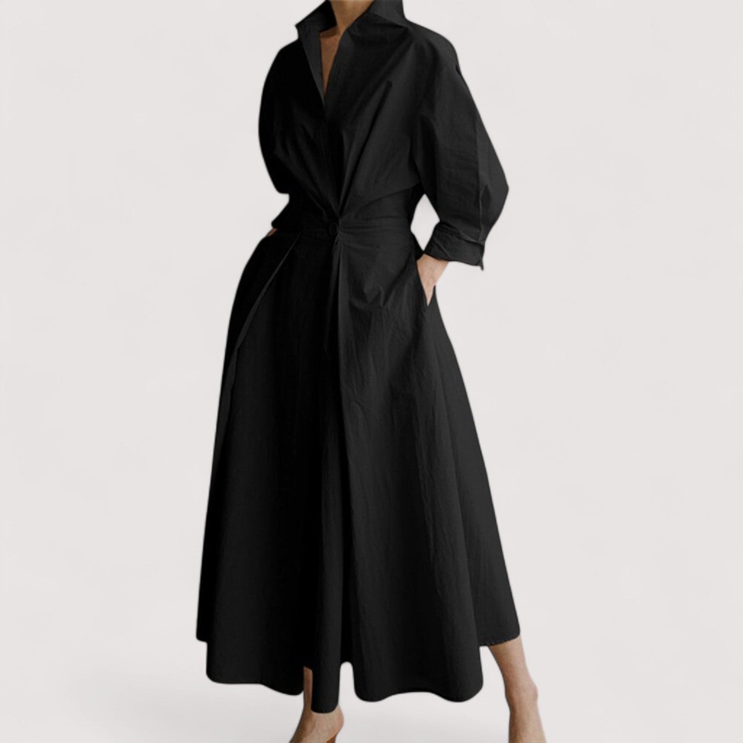 Damen Maxikleid Reverskragen elastischer Bund weit schwingend elegant