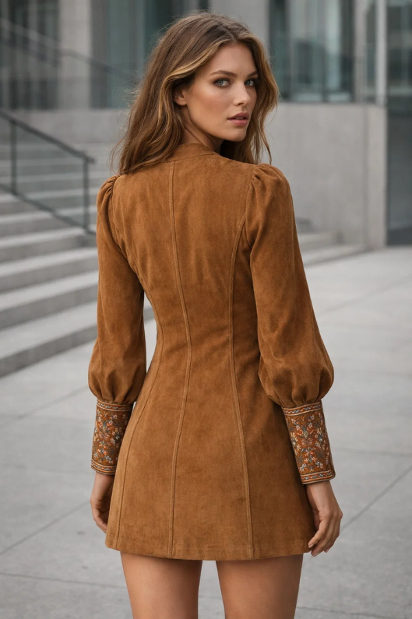 Damen Minikleid lila Suede-Optik Stickerei kurzärmlos elegante Passform