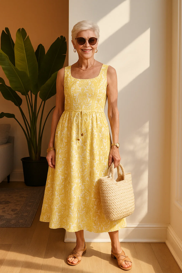 Damen Maxikleid gelb Blumenmuster Quadrat-Ausschnitt A-Linie ärmellos Bindegürtel