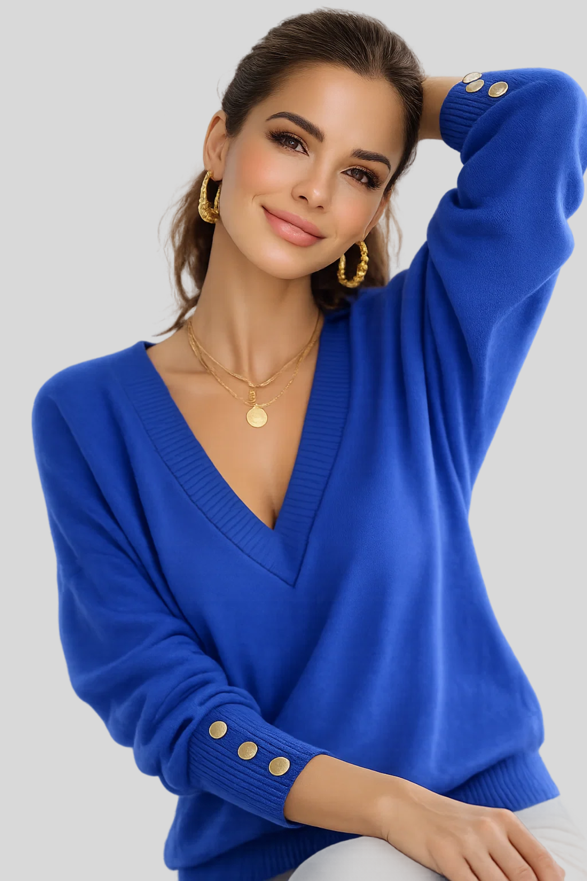 Damen Langarm Top V-Ausschnitt Knöpfe elegante bequeme leichte Passform