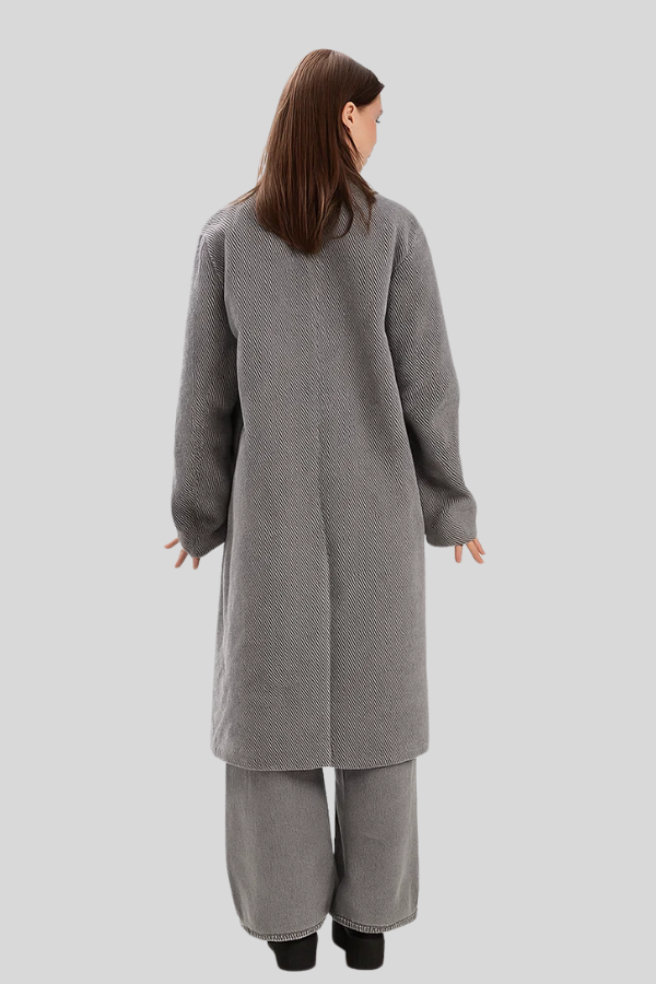 Damen Mantel Fischgrät Grau Lang Tailliert Elegant Warm Klassisch