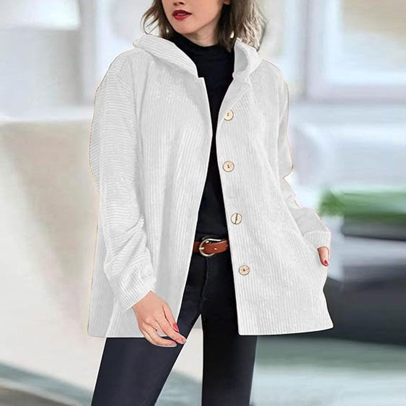 Damen Kordjacke einfarbig Kapuze Langarm Regular Fit Herbst Winter Freizeit Vintage Jacke