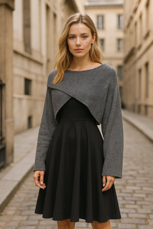 Damen Zweiteiler Regular Fit Strickpullover mit figurbetontem Kleid Set Loungewear Strickkleid-Kombination 2-teilig