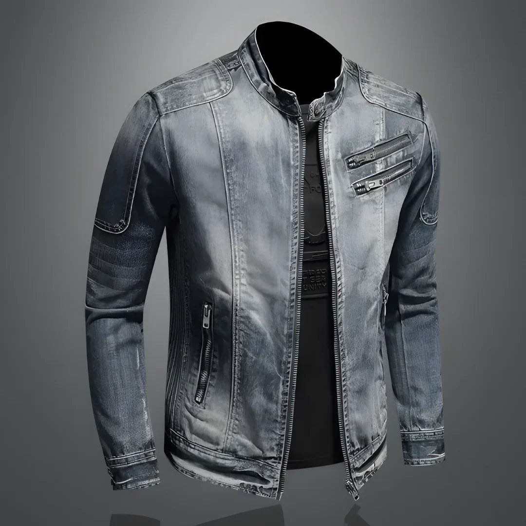 Herren Jeansjacke Denim Regular Fit Langarm Reißverschluss Freizeit Übergangsjacke Used Look