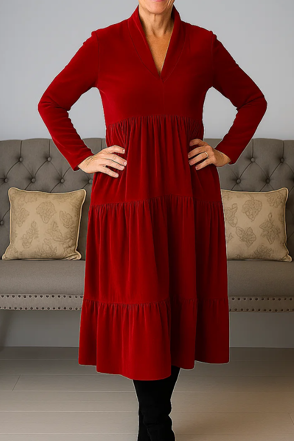 Damen Midikleid einfarbig V-Ausschnitt Langarm A-Linie Taschen komfortable Passform