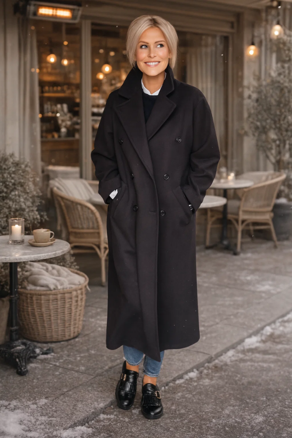 Damen Mantel Lang Doppelreiher Oversized Gefüttert Elegant Casual One Size