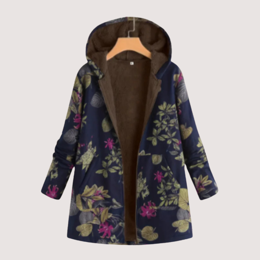 Damen Winterjacke Blumenmuster Kapuze Reißverschluss Kunstfell Fleece gefüttert Regular Fit Übergangs Winterjacke
