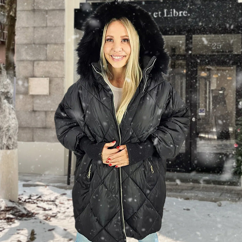Damen Steppmantel Oversized Fit Warm Kunstfell Kapuze Wintermantel Freizeit Elegant