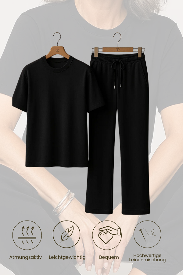 Damen Zweiteiler Regular Fit Kurzarm Oberteil mit Rundhalsausschnitt Hose Kordelzug Casual Set 2-teilig