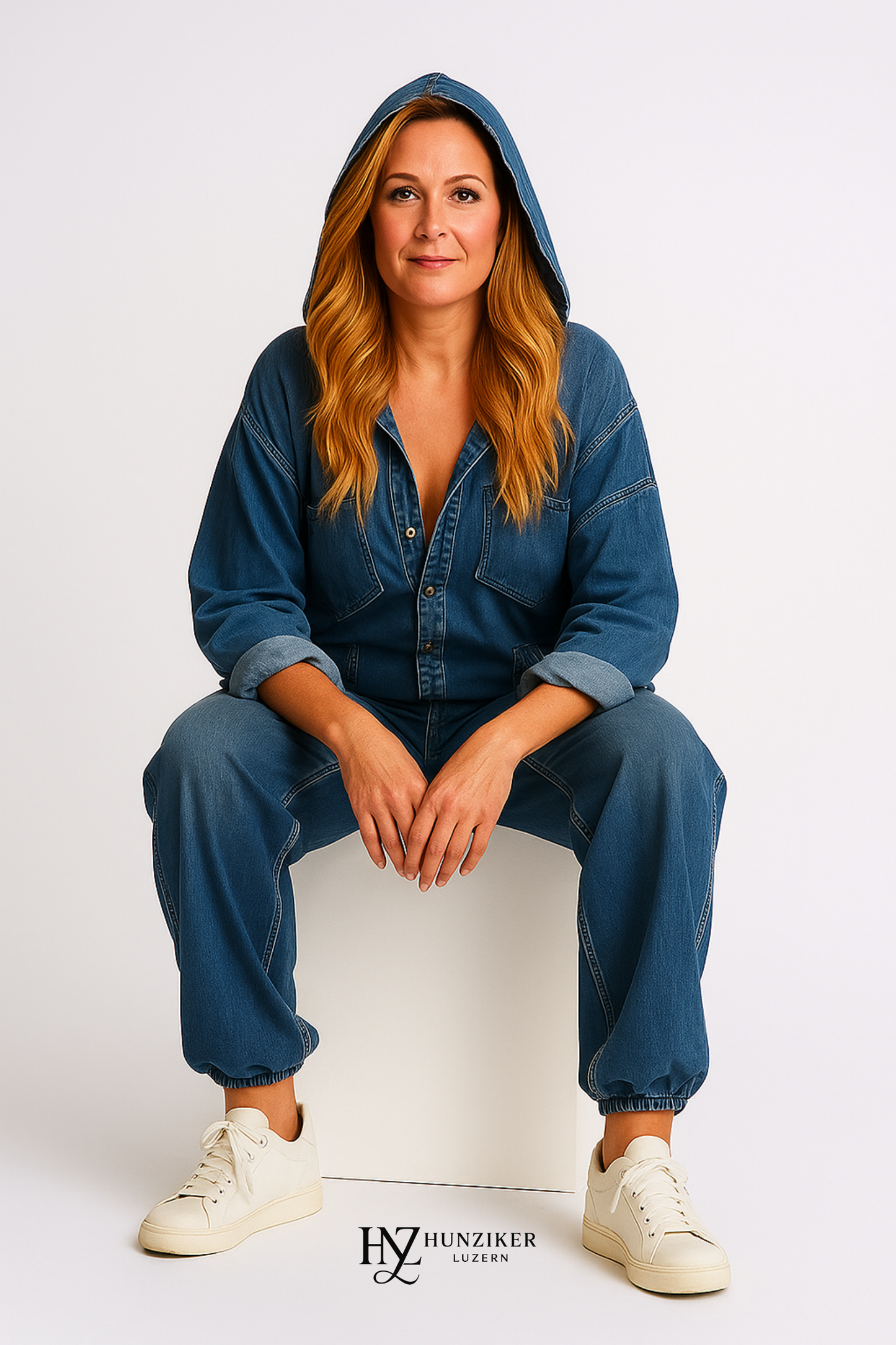 Damen Jumpsuit Denim blau, Kapuze, Reißverschluss, weites Bein, lockere Passform
