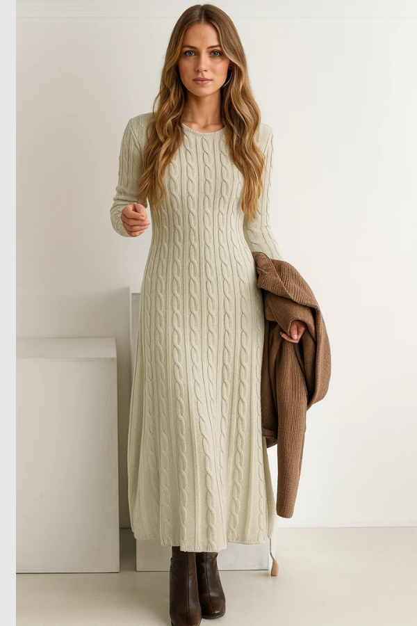 Damen Langkleid Strick figurbetont mit Rundhalsausschnitt langärmlig elastisch bequeme Passform elegant