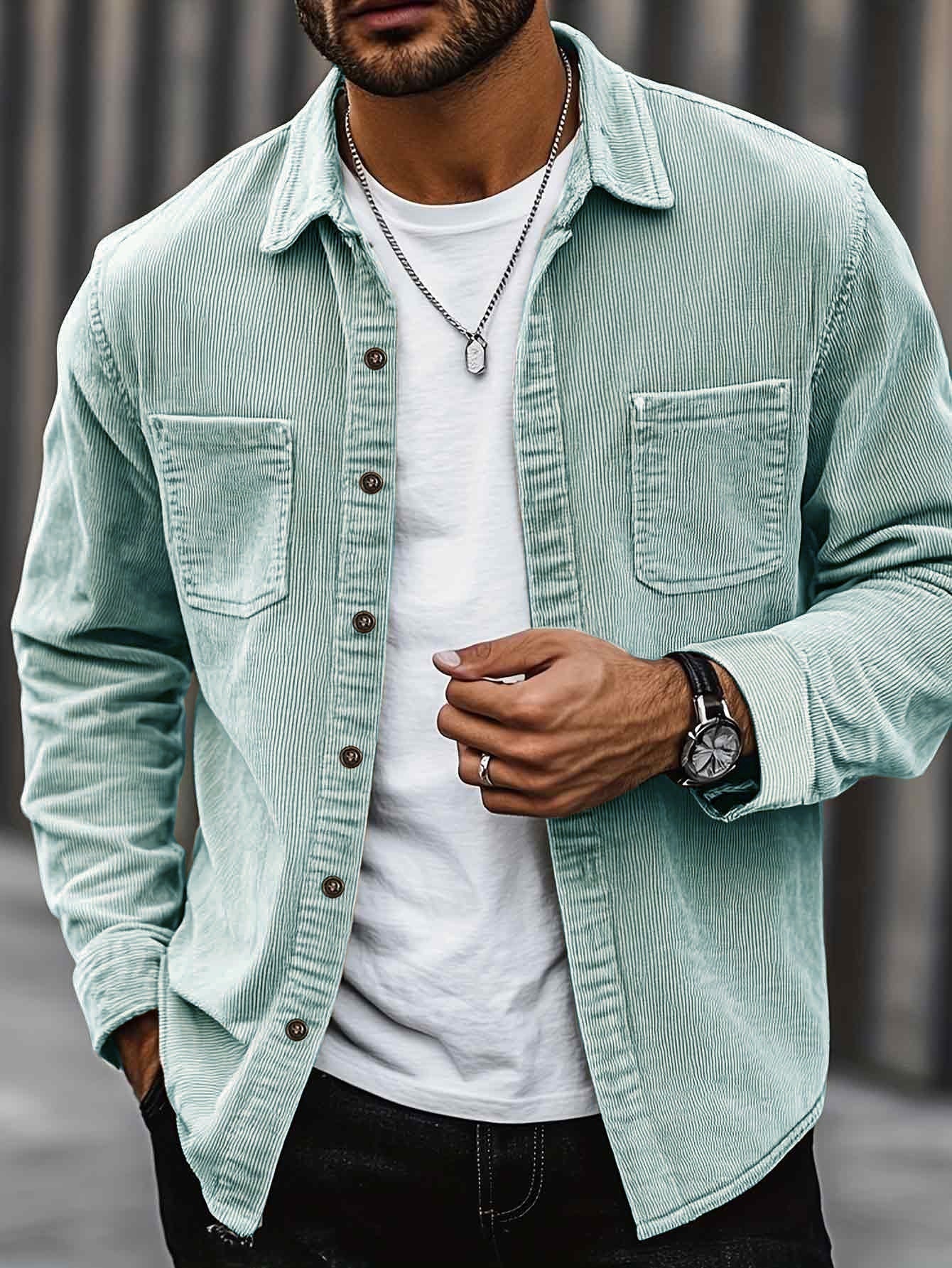 Herren Hemdjacke Polyester Kordeloptik einfarbiger Reverskragen langa
