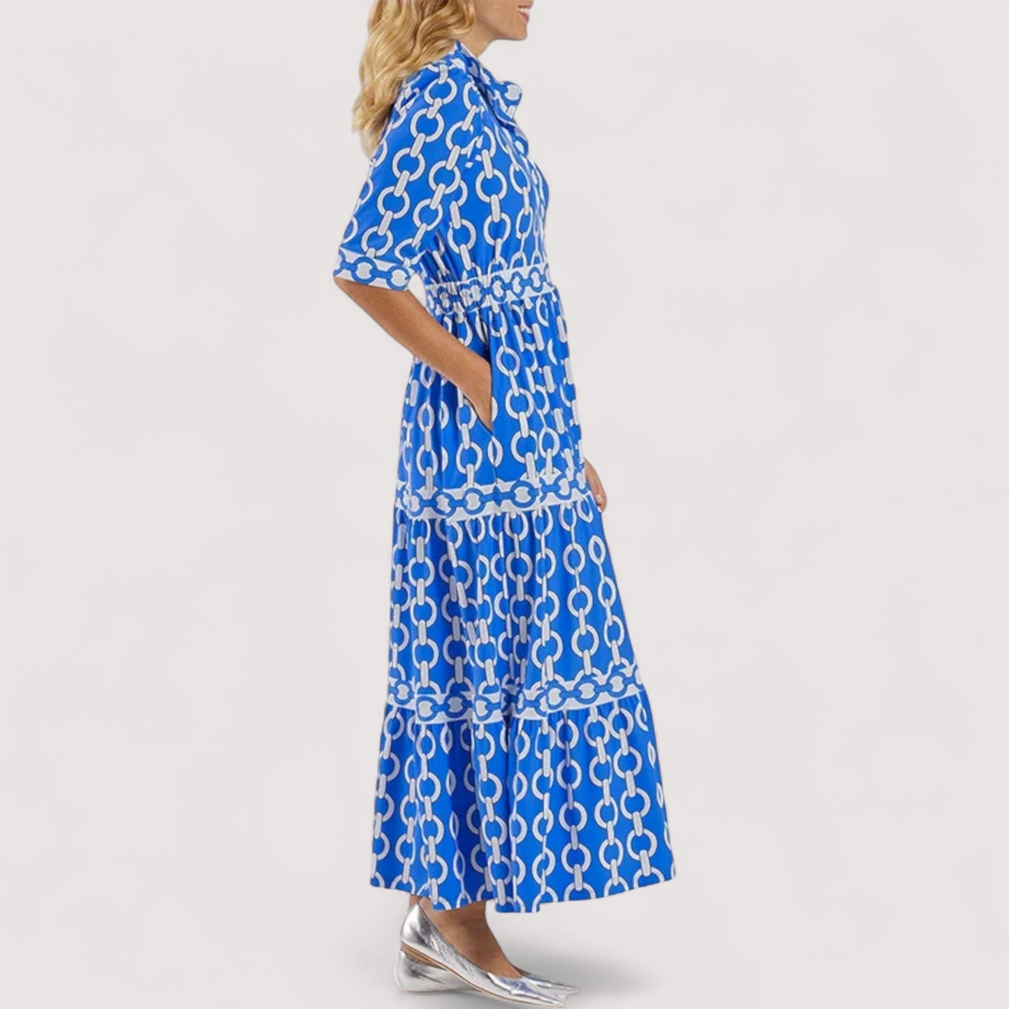 Damen Midikleid Hemdkragen Knopfleiste 3/4 Ärmel tailliert Stufenrock elegant