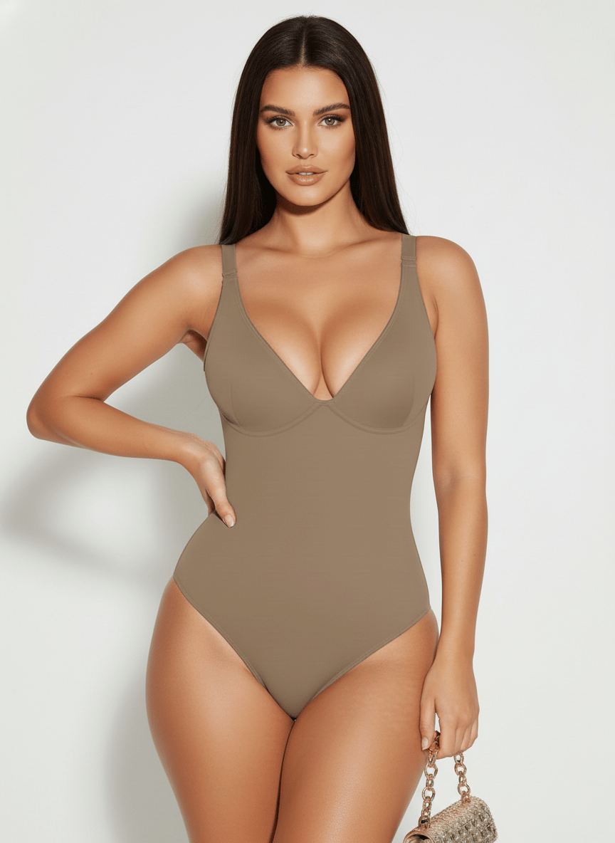 Damen Shaping Bodysuit Schwarz nahtlos figurformend mit V-Ausschnitt Push-up Effek