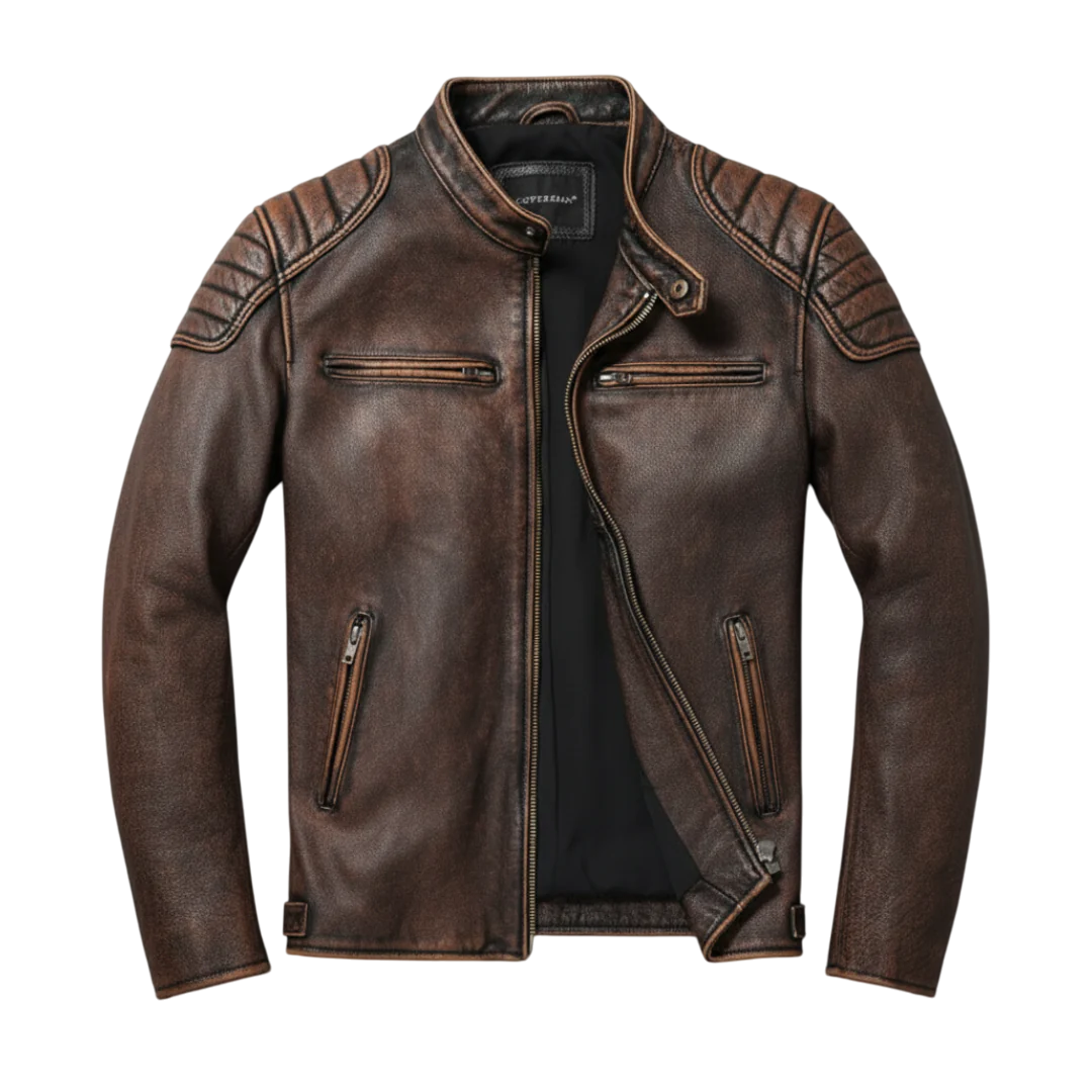 Herren Lederjacke Rindsleder Vintage Look moderne Passform Reißverschlusstaschen