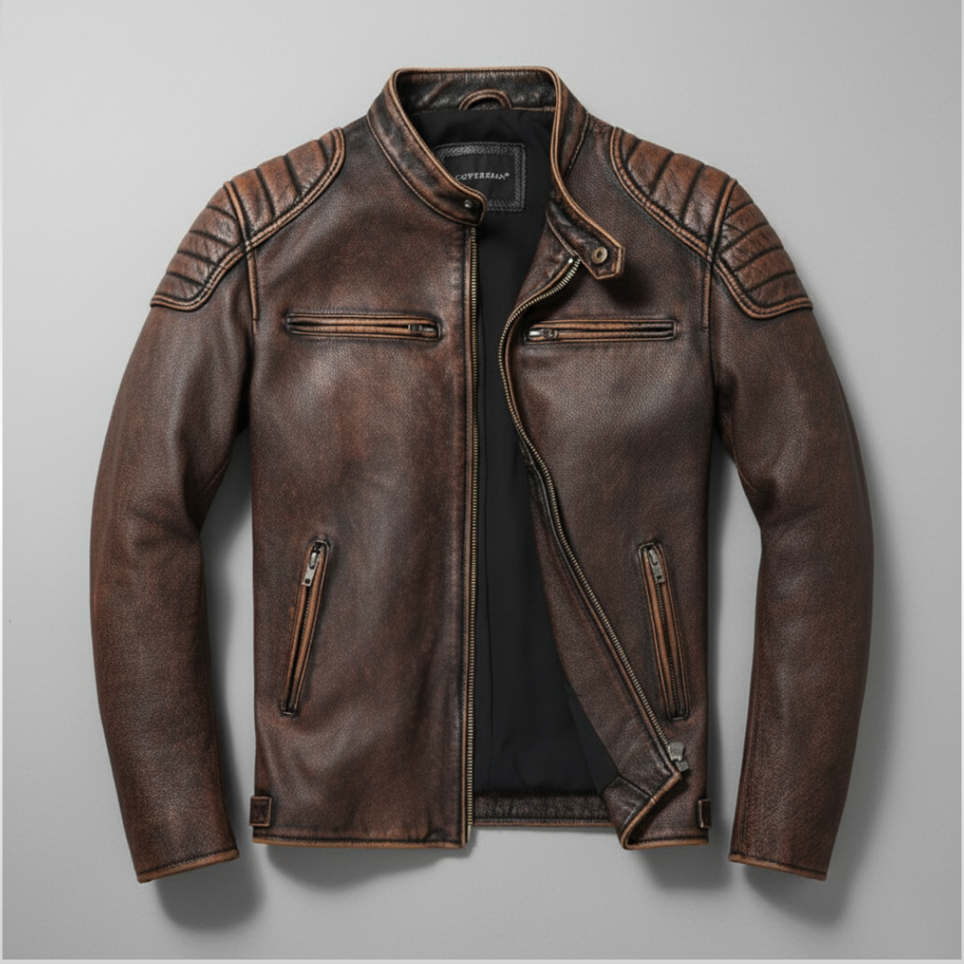 Herren Lederjacke Rindsleder Vintage Look moderne Passform Reißverschlusstaschen