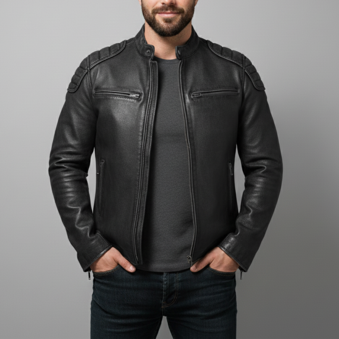 Herren Lederjacke Rindsleder Vintage Look moderne Passform Reißverschlusstaschen